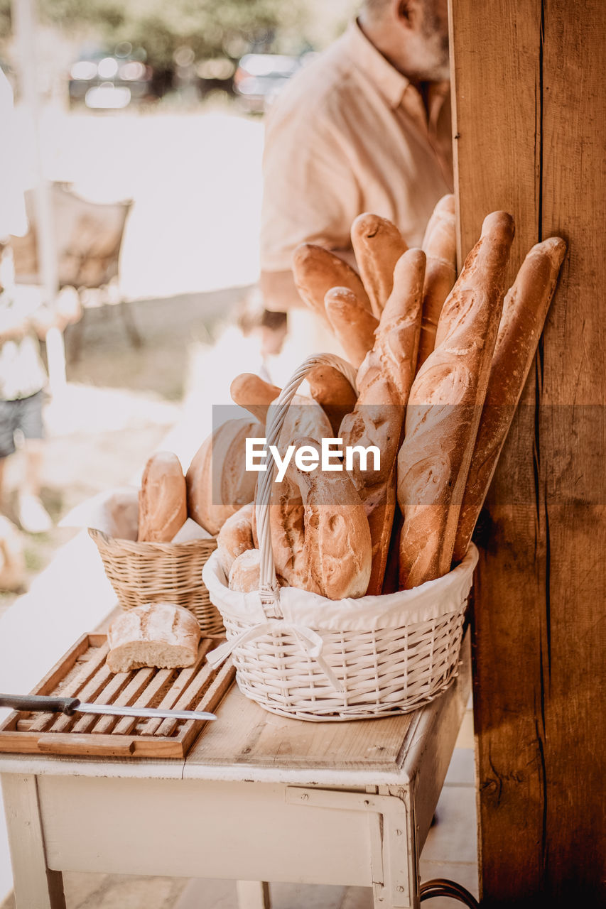 Full frame shot of wicker basket with bread on table