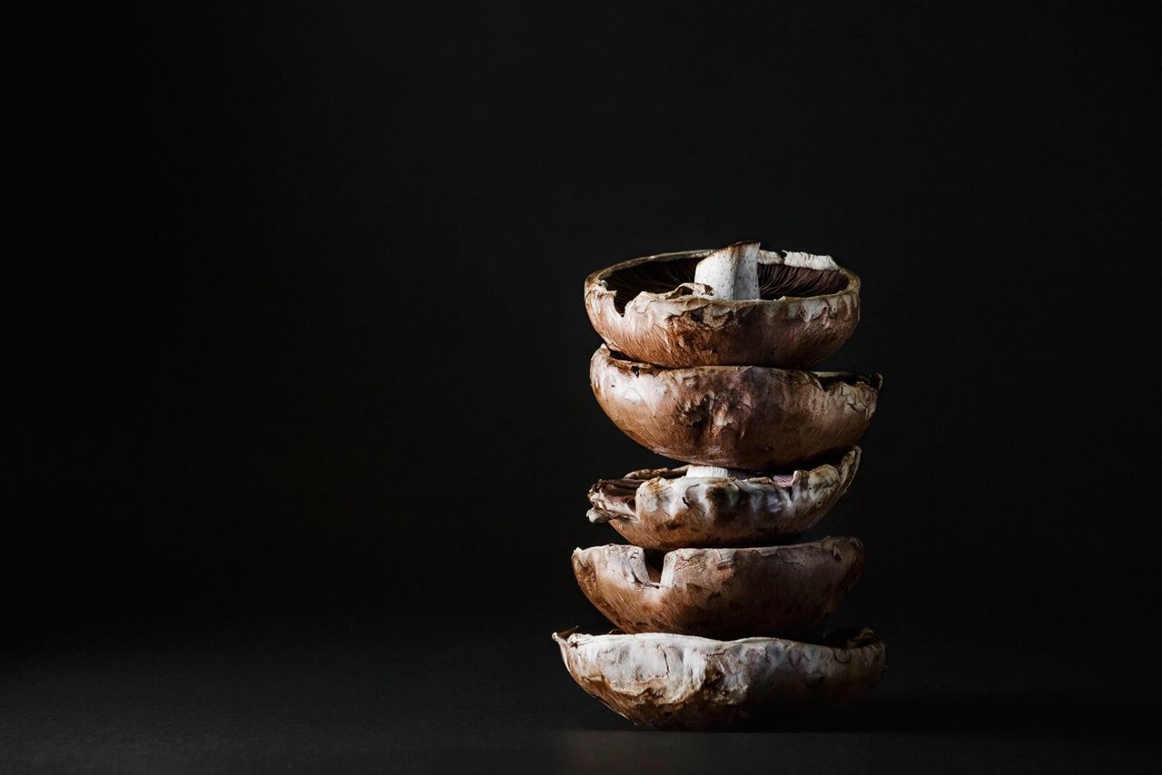 Close-up of mushrooms stack against black background