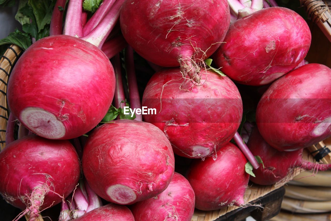 Close-up of radishes for sale at market stall