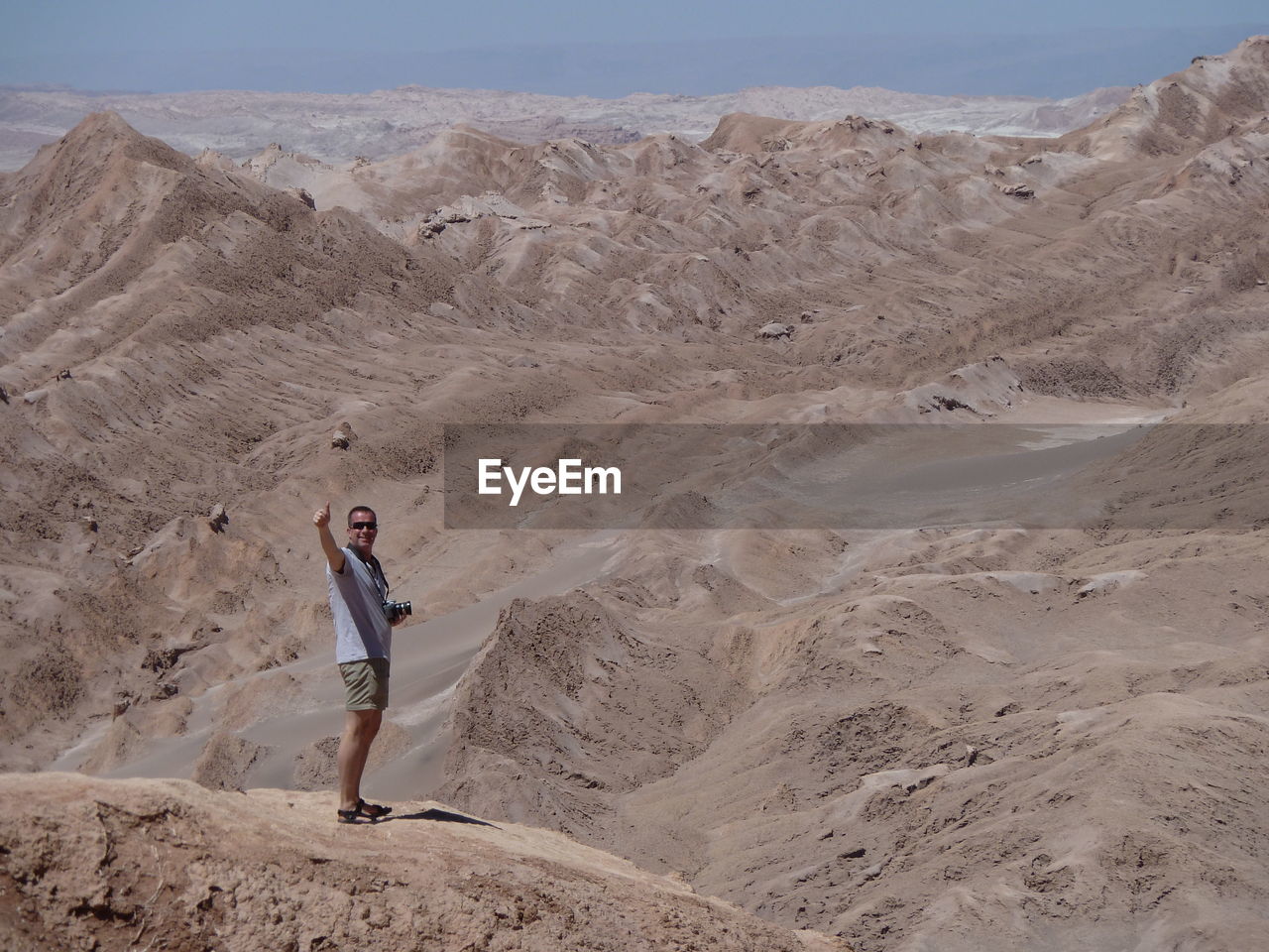 Full length of man gesturing while standing in desert