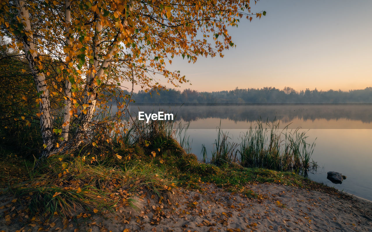 Scenic view of lake against sky during autumn