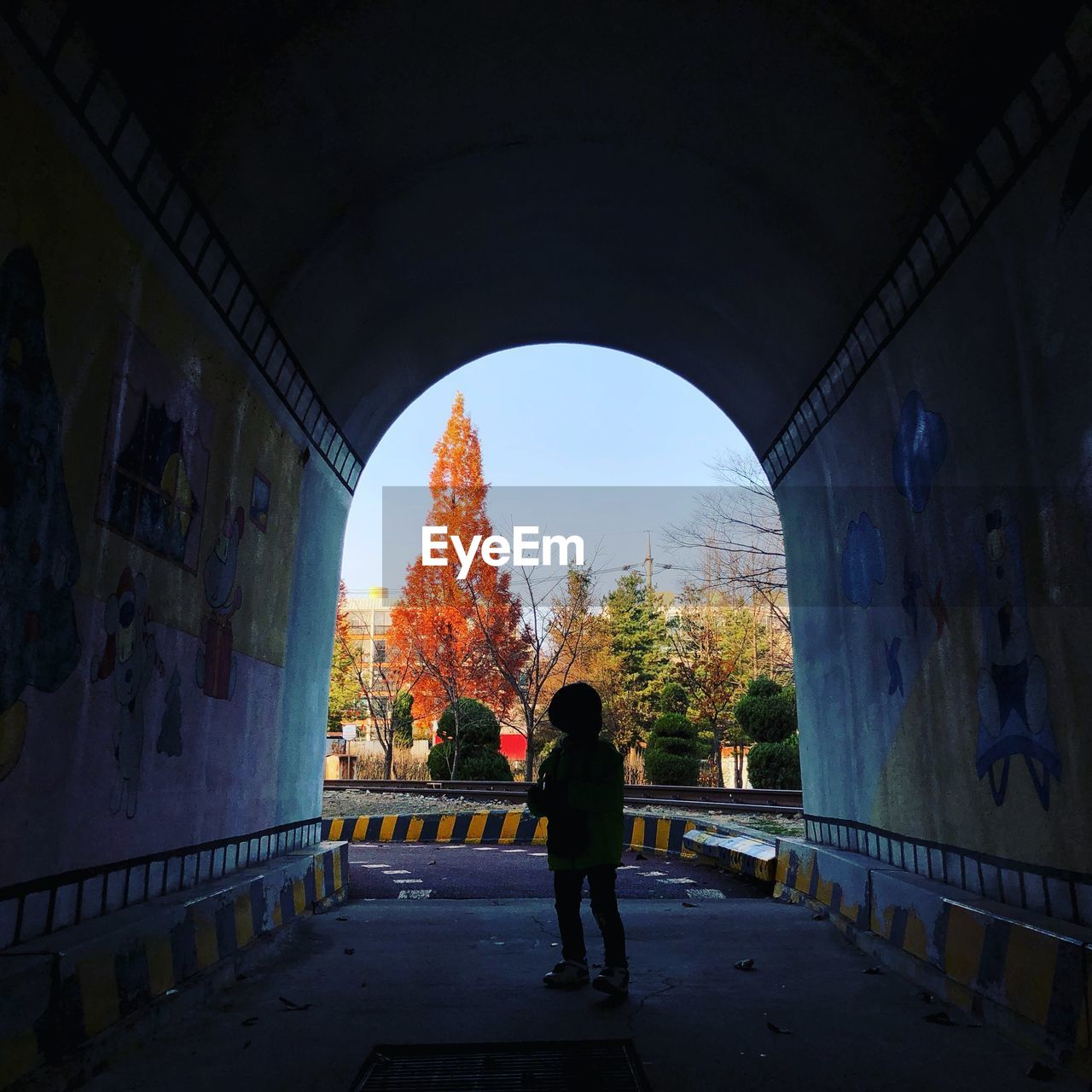 Rear view of man standing in tunnel