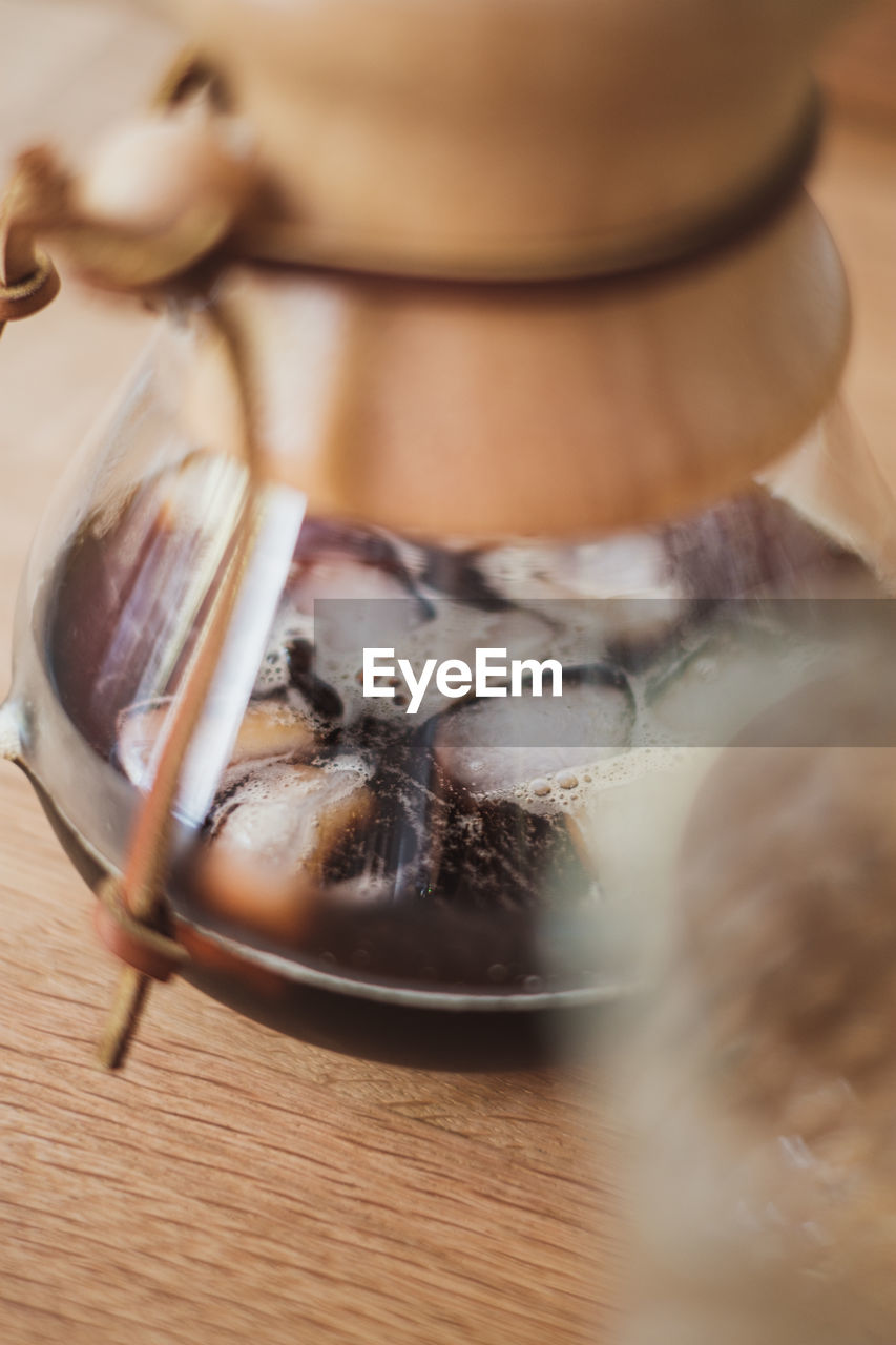 High angle view of iced coffee in coffee maker