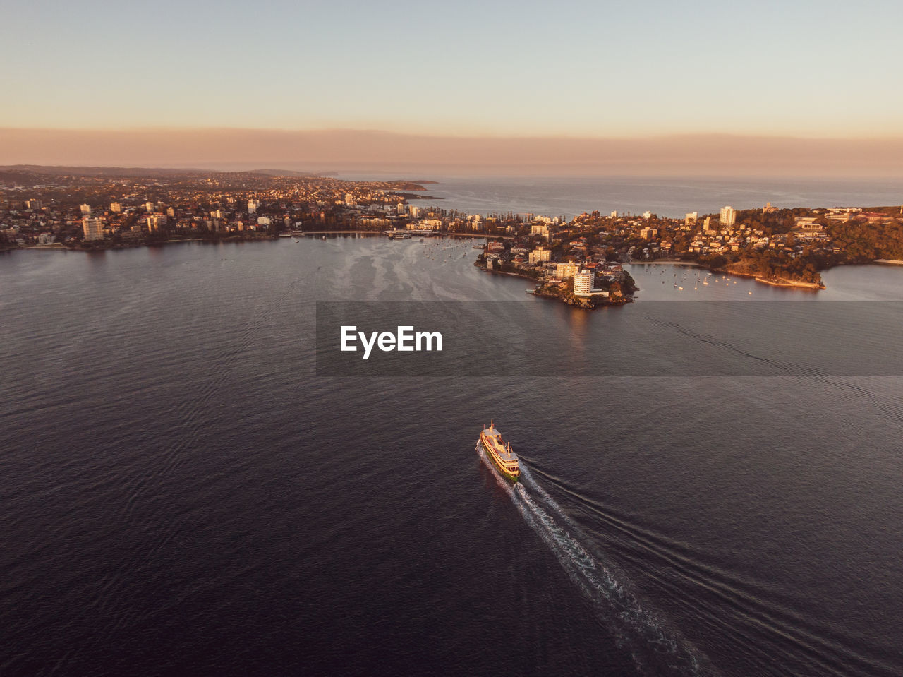 Drone view of manly, sydney, new south wales, australia. ferry from circular quay arriving at manly.