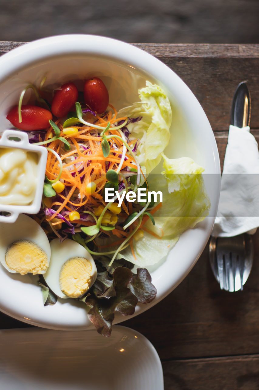 High angle view of food served in plate