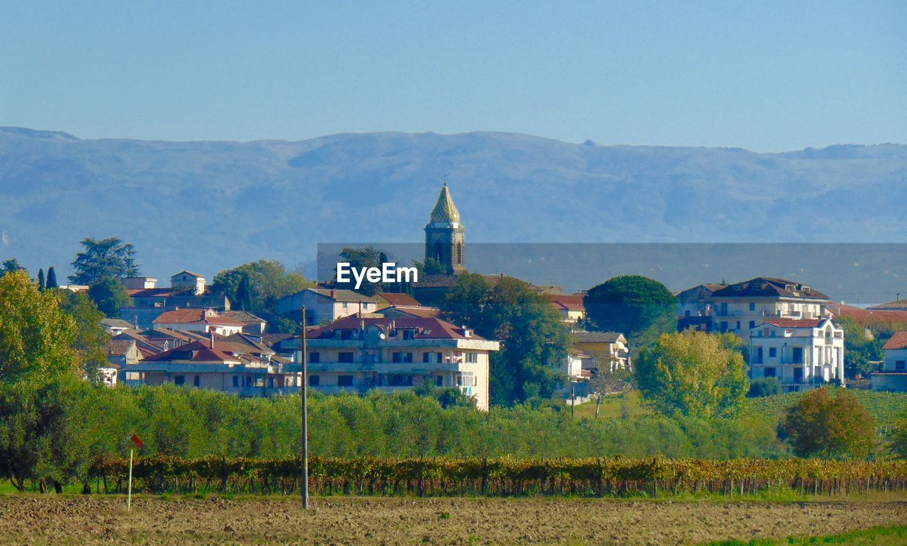 Houses on field against clear sky