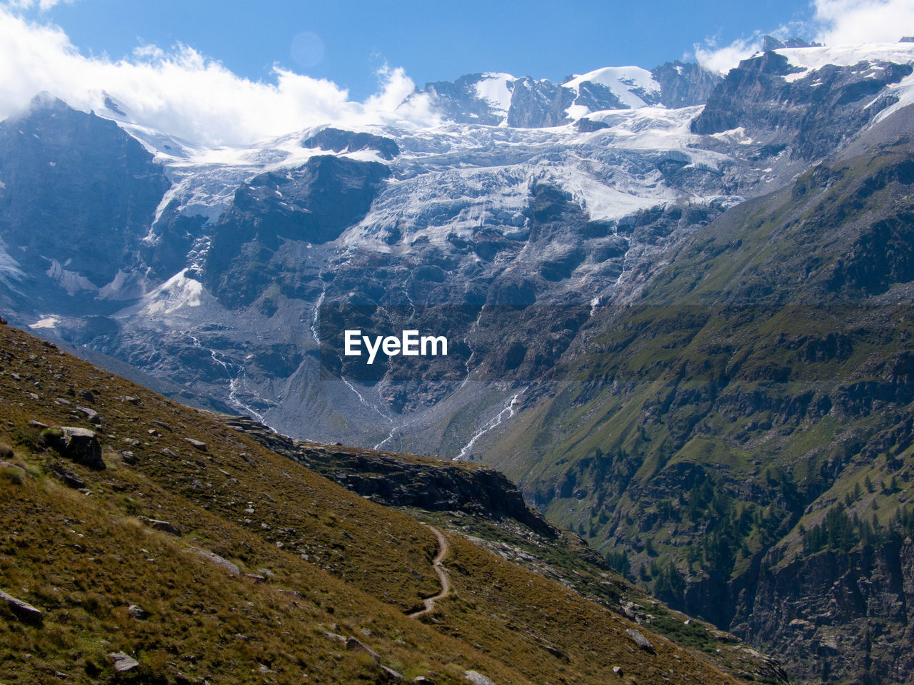 Scenic view of mountains against cloudy sky