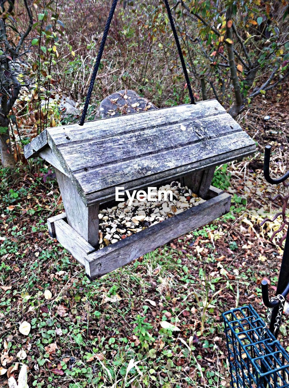 Wooden structure hanging in forest