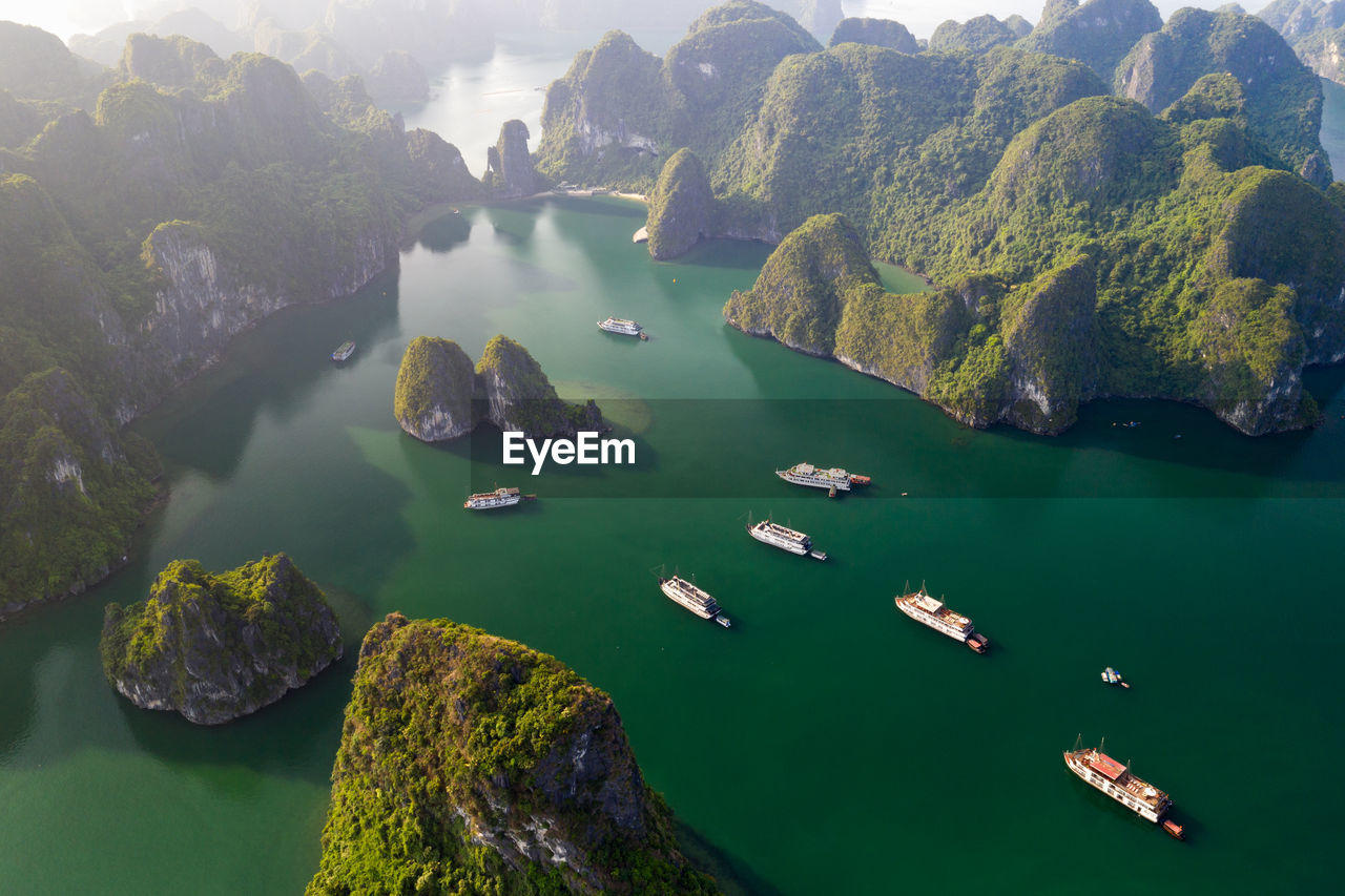 High angle view of boats in sea