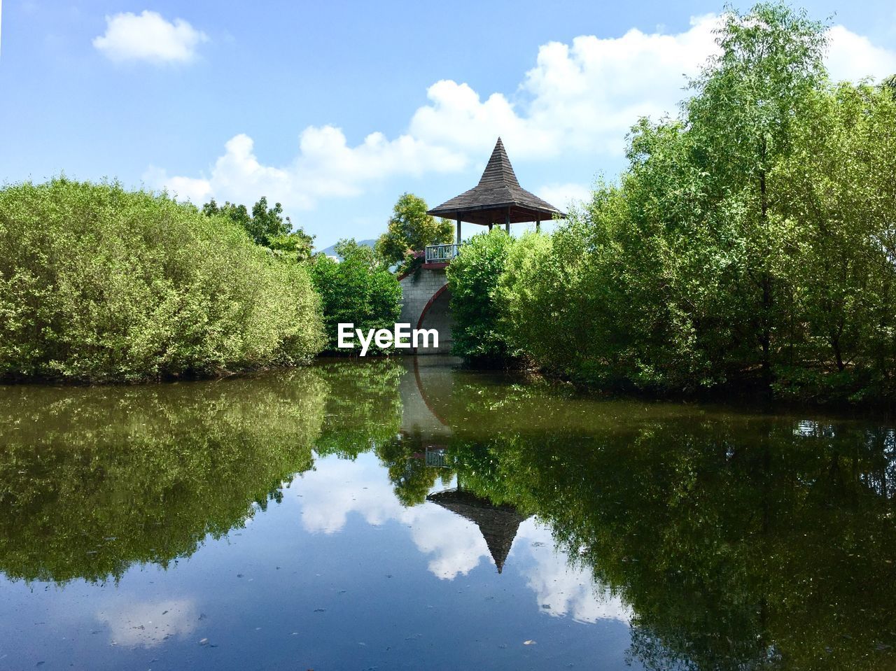 REFLECTION OF TREES IN LAKE AGAINST SKY