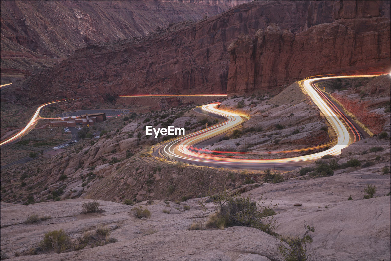 Car trails on the roads in arches national park