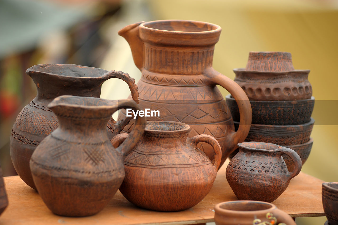 Close-up of pottery on table