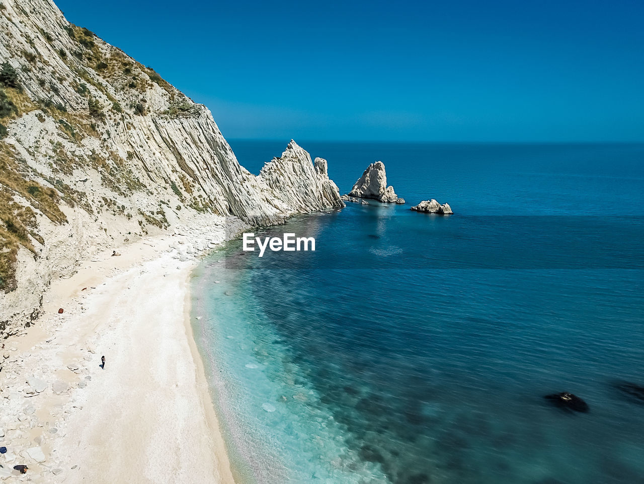 Scenic view of sea against clear blue sky