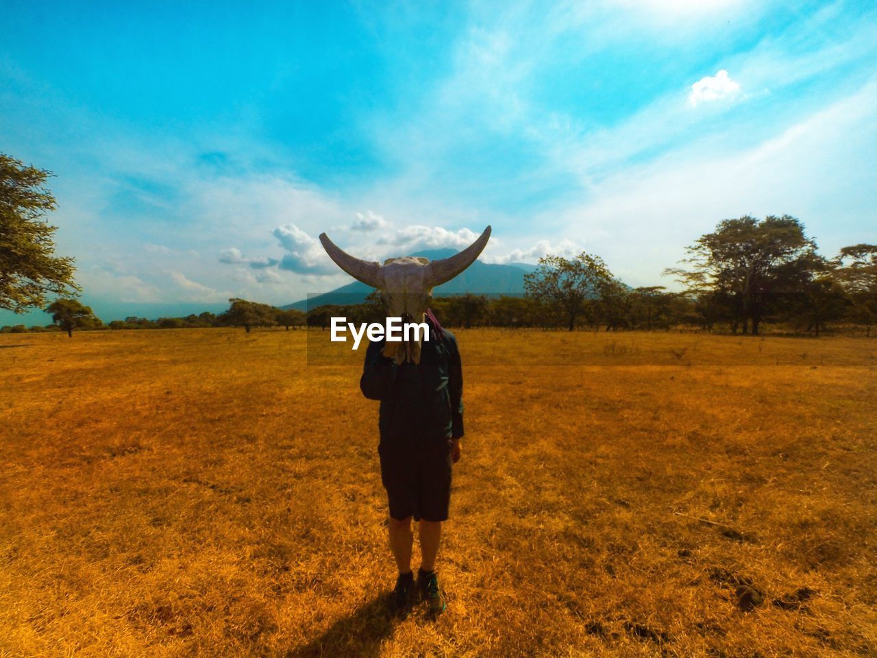 Woman covering face with animal skull while standing on land against sky