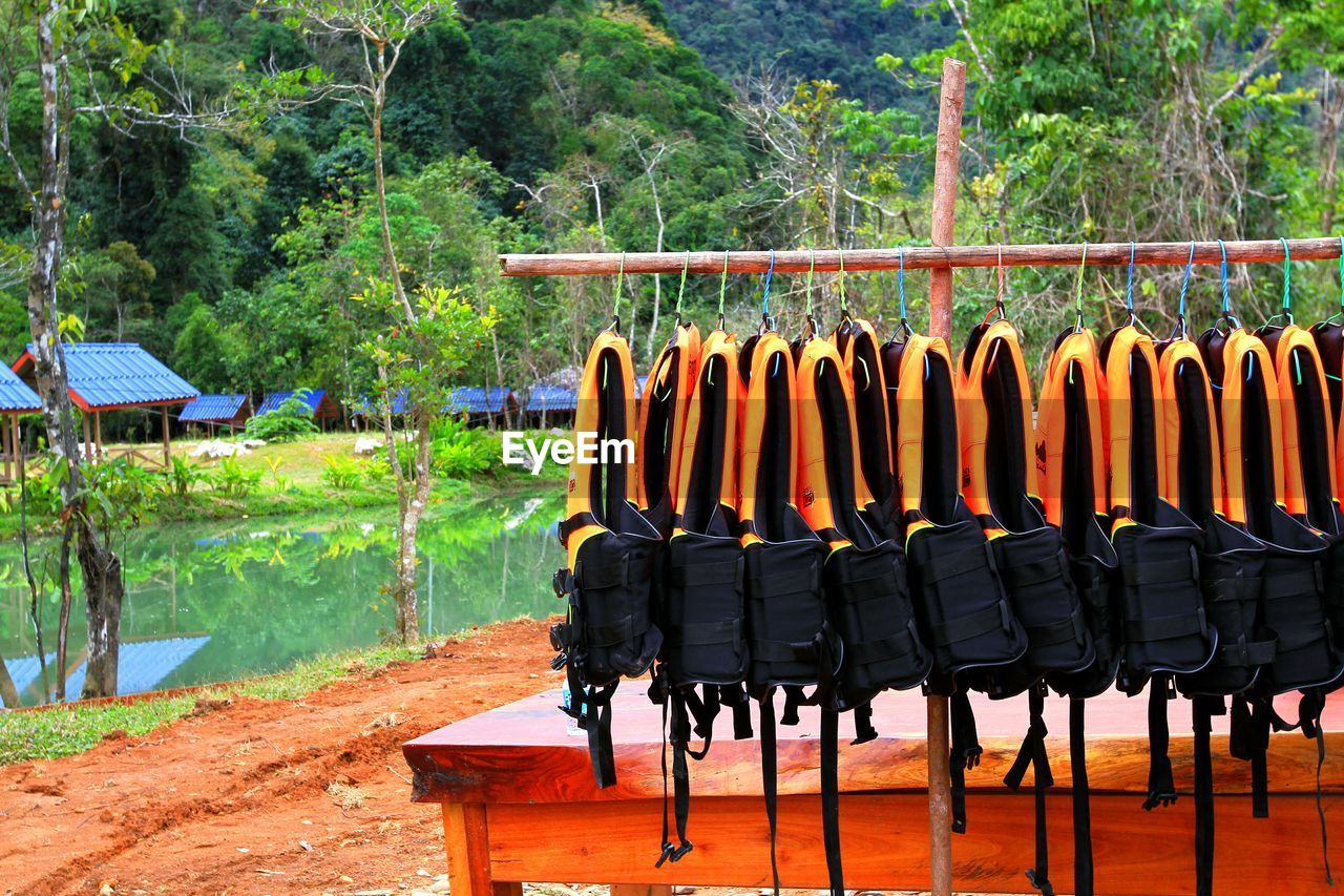 Life jacket and clothes hanging for rent