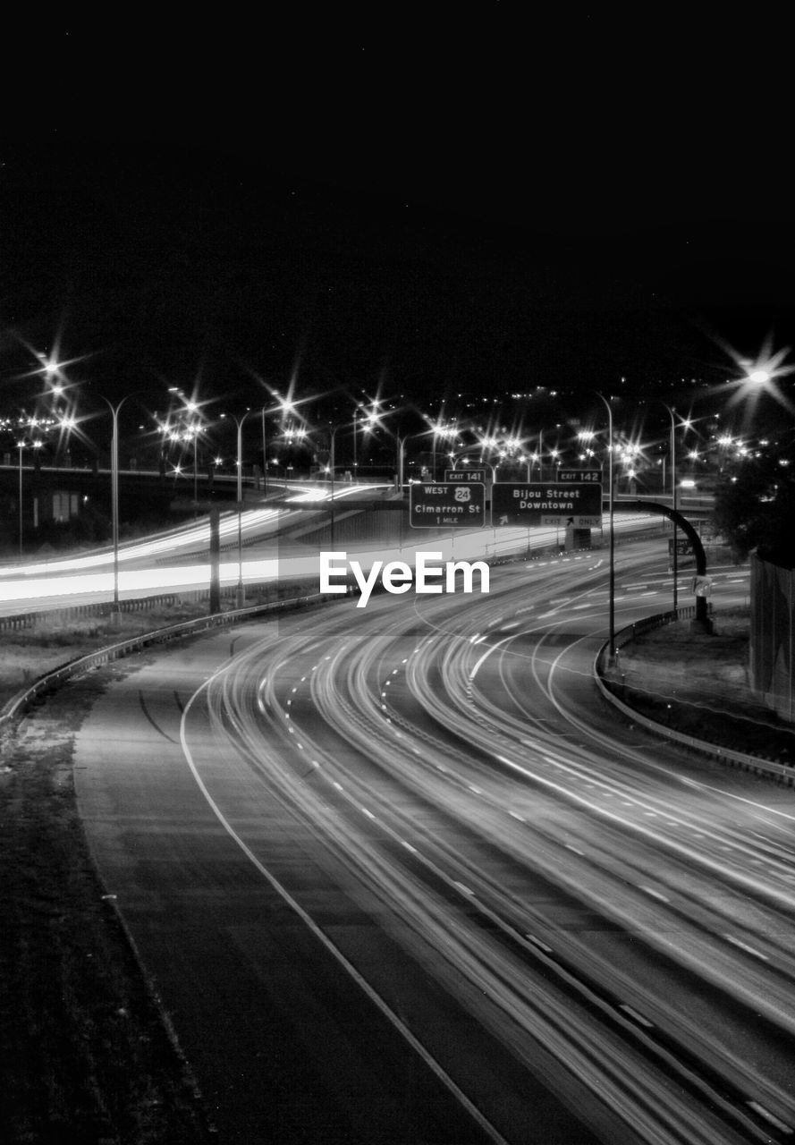 High angle view of light trails on street at night