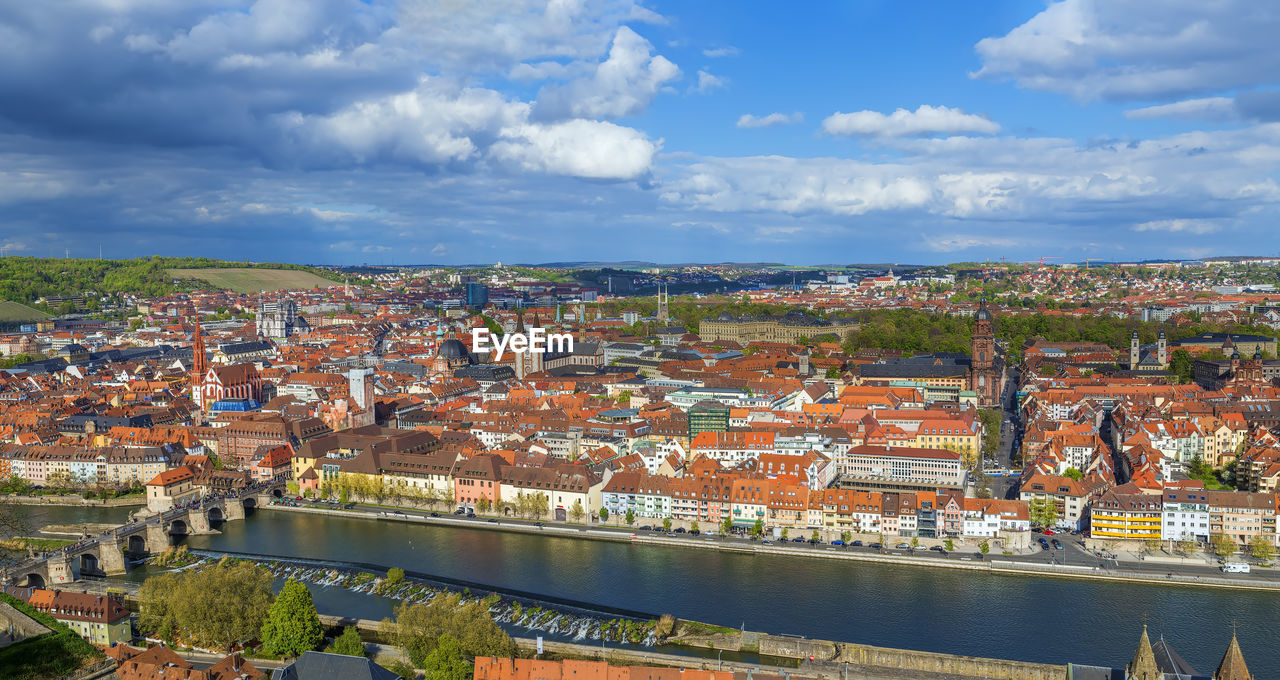 Panoramic view of historical center of wurzburg from marienberg fortress, germany