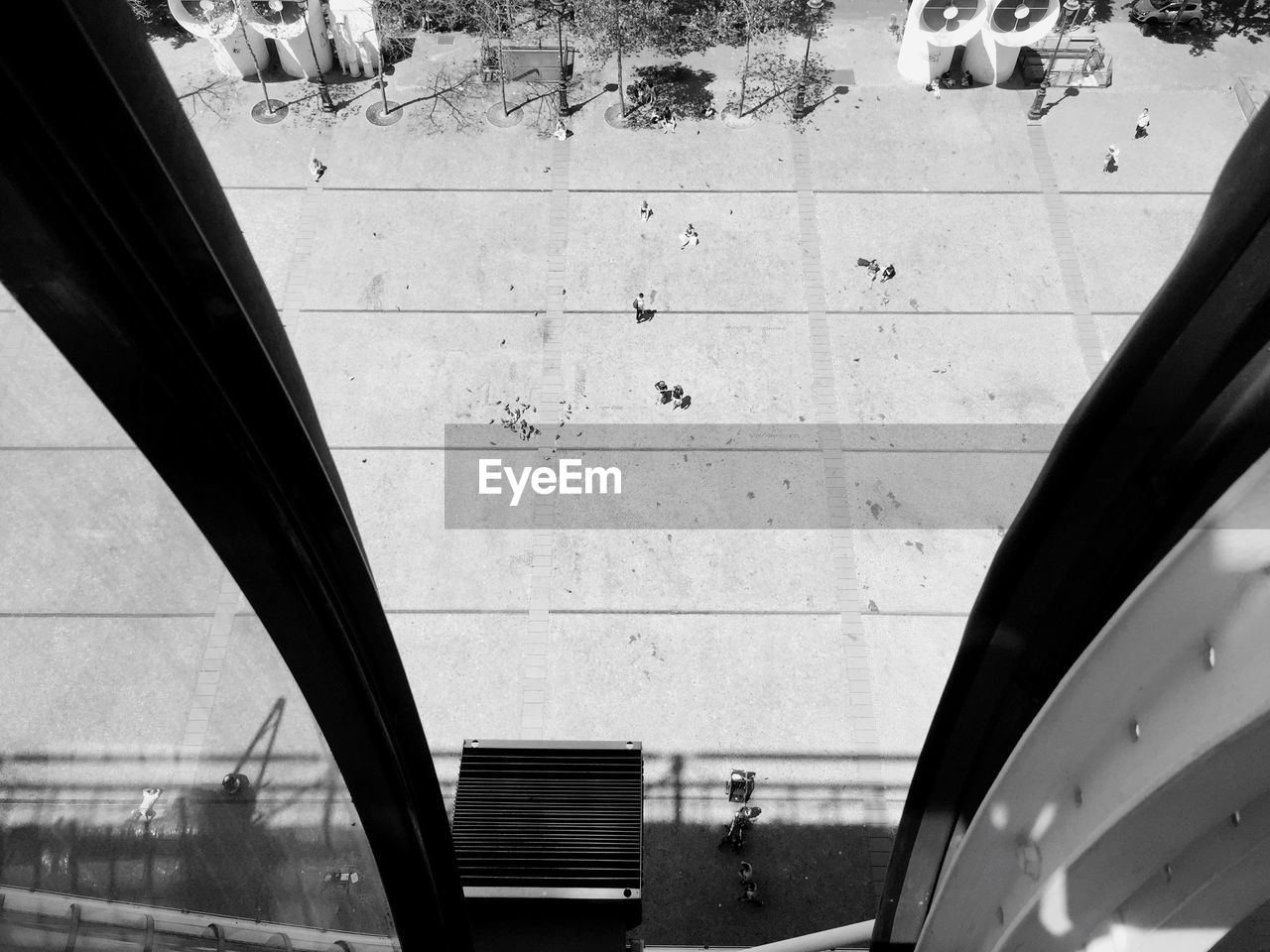 High angle view of footpath seen through building window