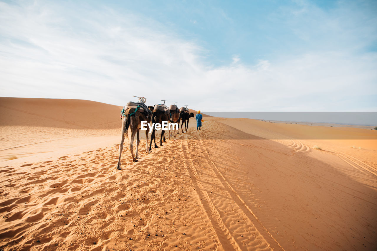 PEOPLE WALKING ON SAND DUNES IN DESERT