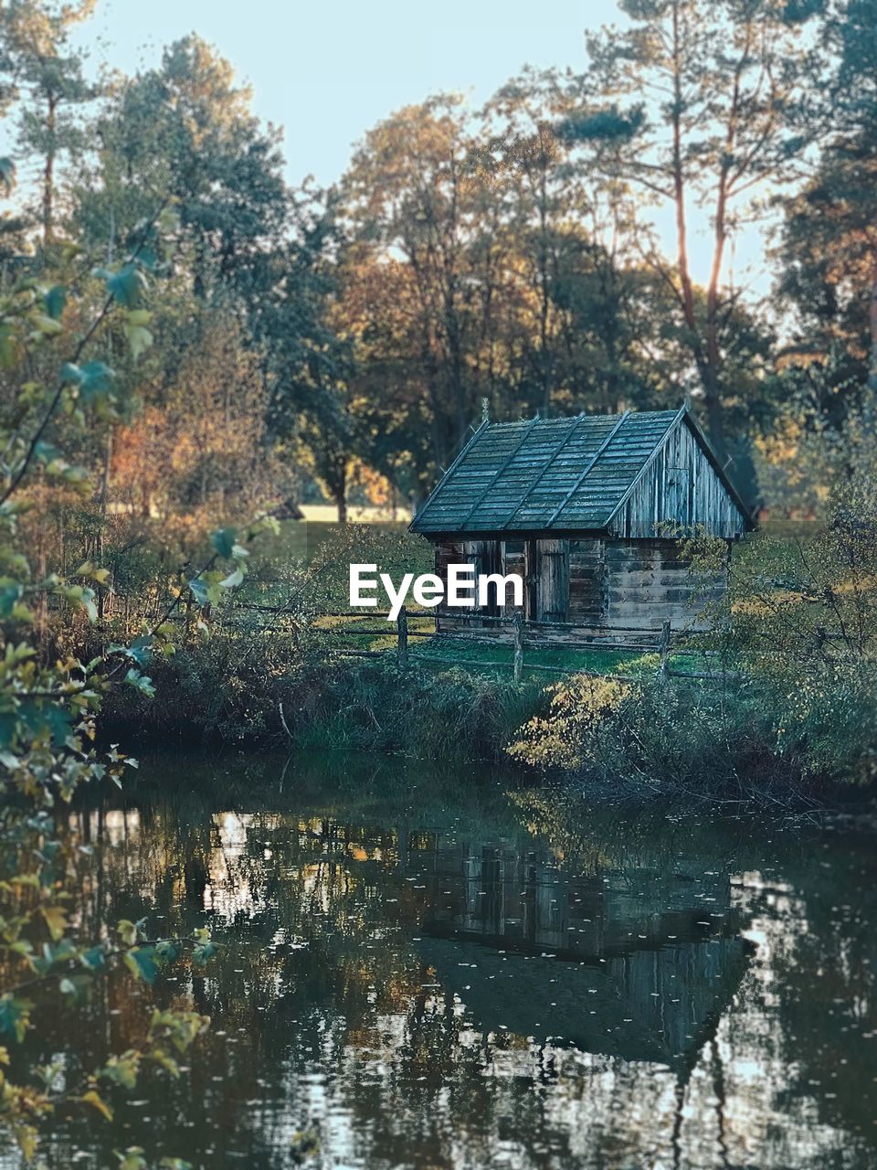 BUILDINGS BY LAKE AGAINST TREES