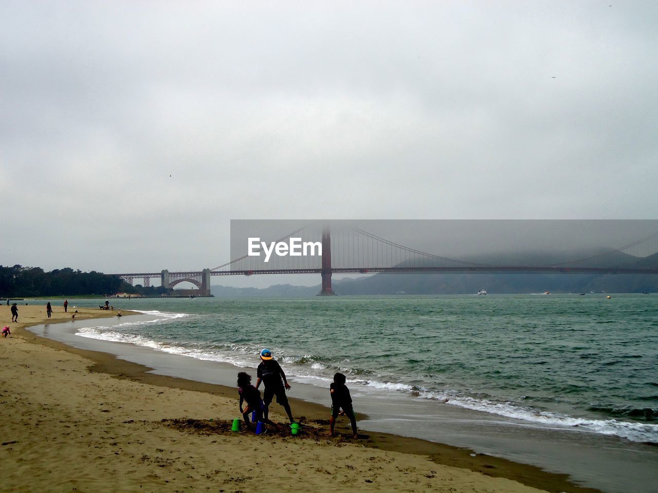 REAR VIEW OF PEOPLE ON BEACH AGAINST SKY