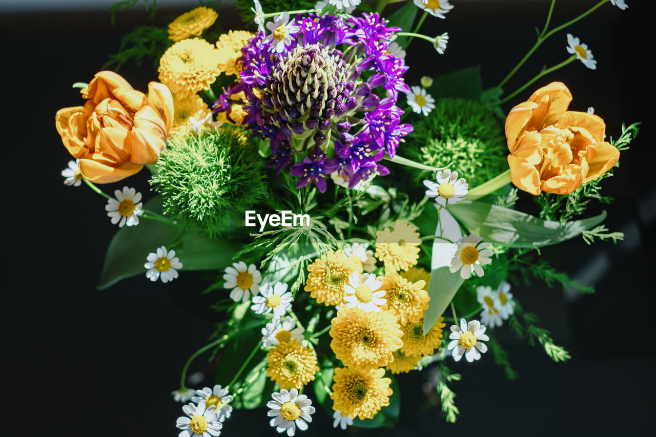 flower, flowering plant, plant, floristry, bouquet, beauty in nature, nature, yellow, floral design, freshness, flower arrangement, flower head, blossom, no people, fragility, black background, close-up, multi colored, inflorescence, cut flowers, outdoors, petal, bunch of flowers