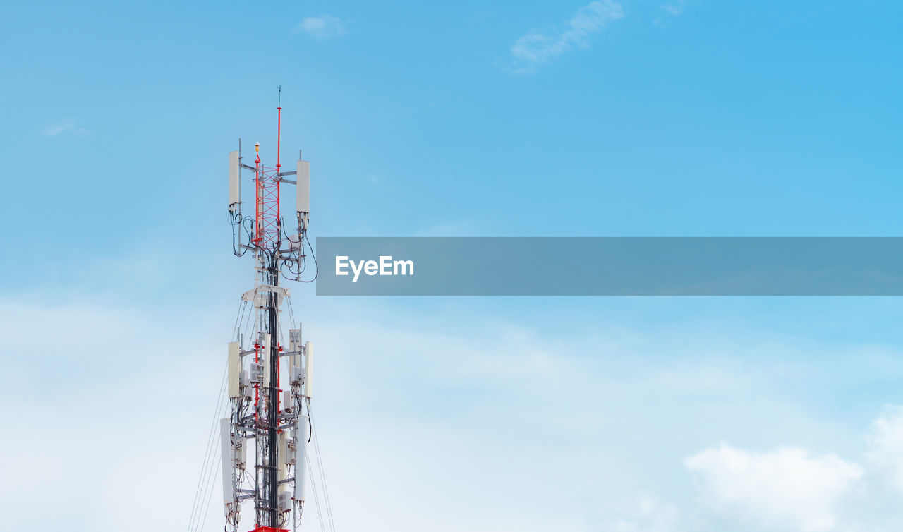 Telecommunication tower. antenna on blue sky. radio and satellite pole. communication technology.