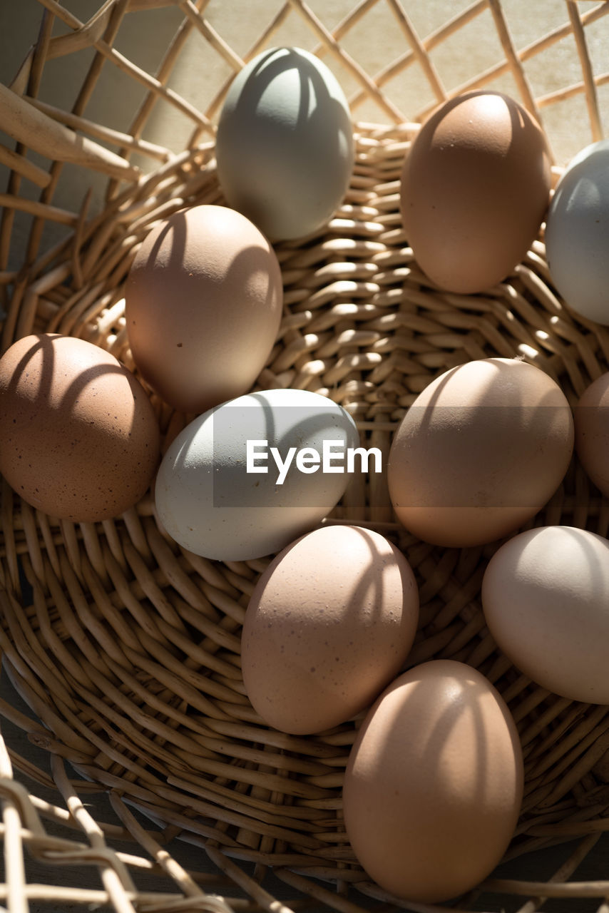 Basket of natural brown and bluish chicken eggs from local farmer's market