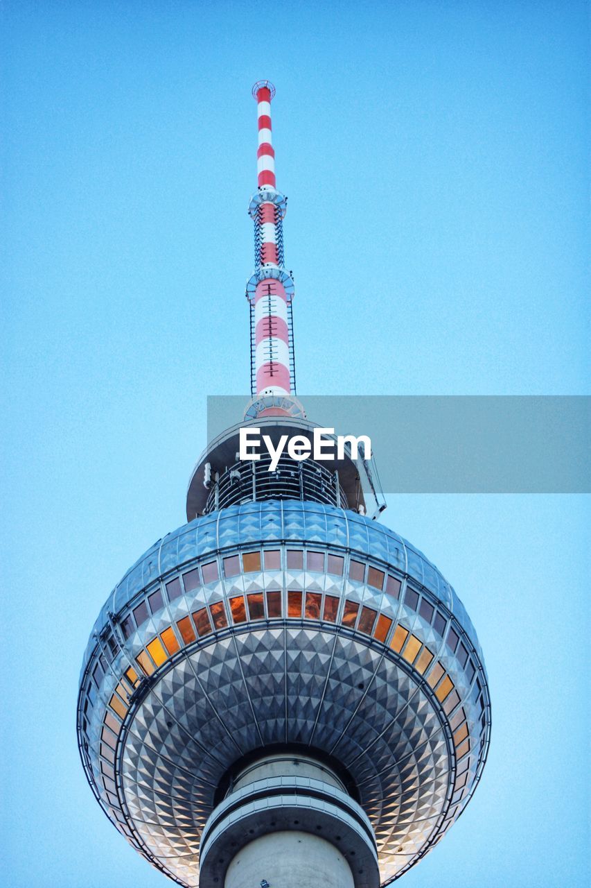 Low angle view of television tower against clear sky