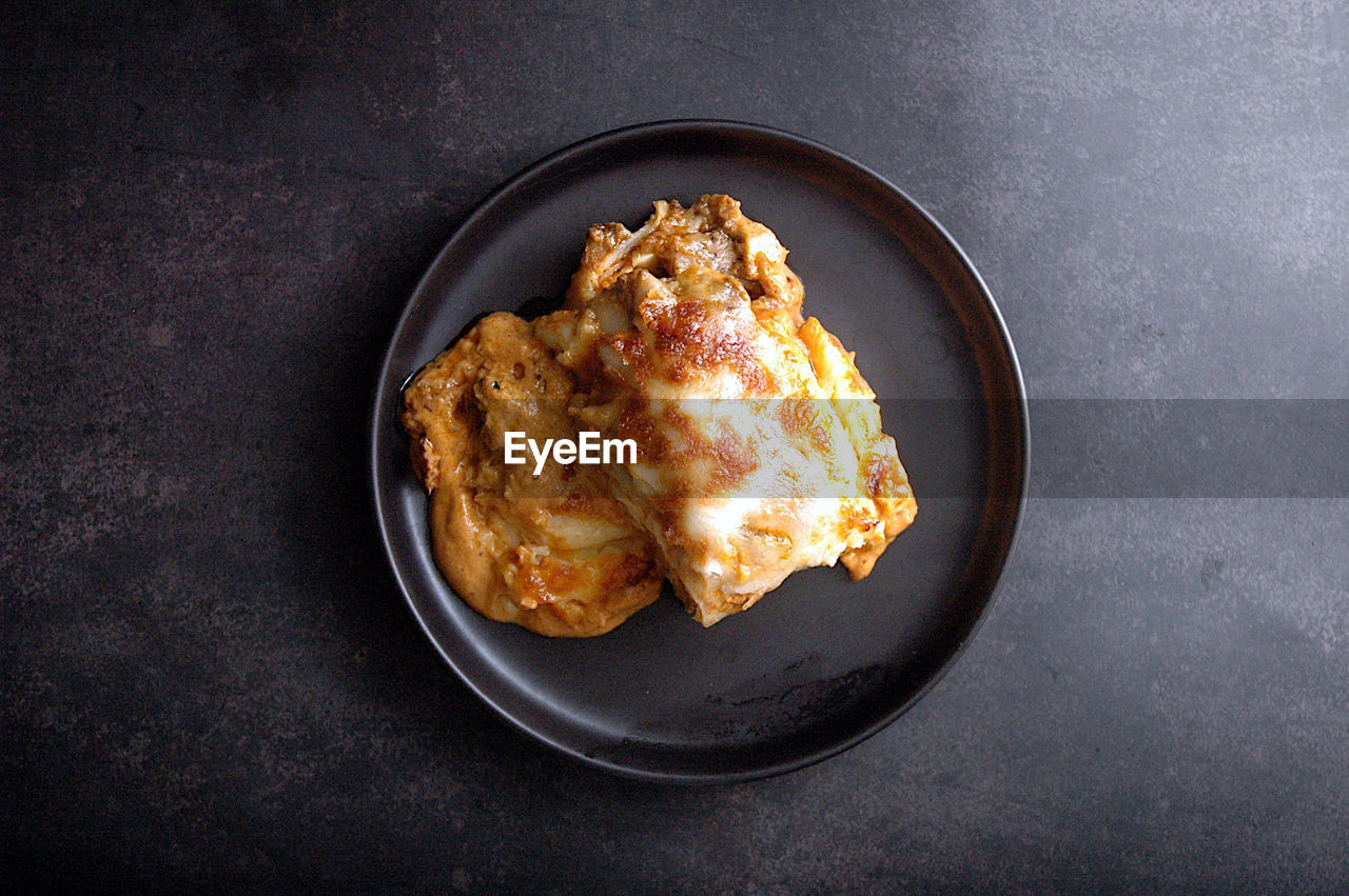 High angle view of lasagna in plate