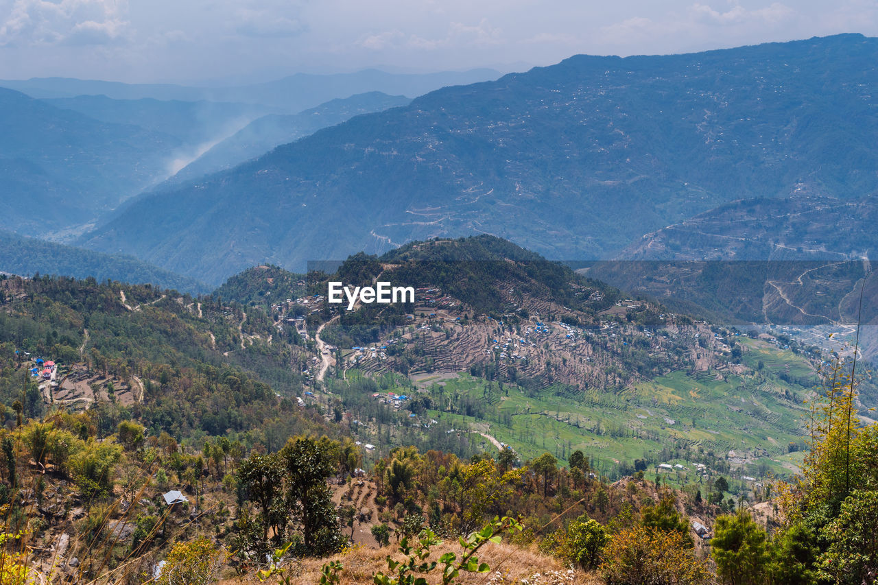 HIGH ANGLE VIEW OF TREES AND LANDSCAPE AGAINST SKY