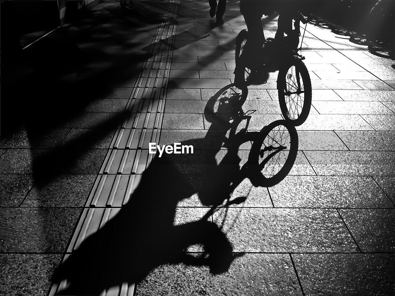Shadow of person riding bicycle on paving stone