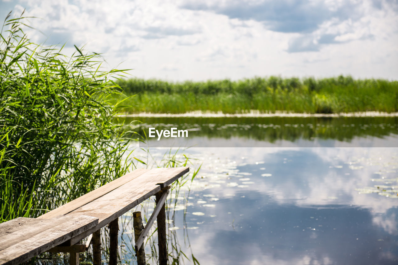 Calm lake against sky