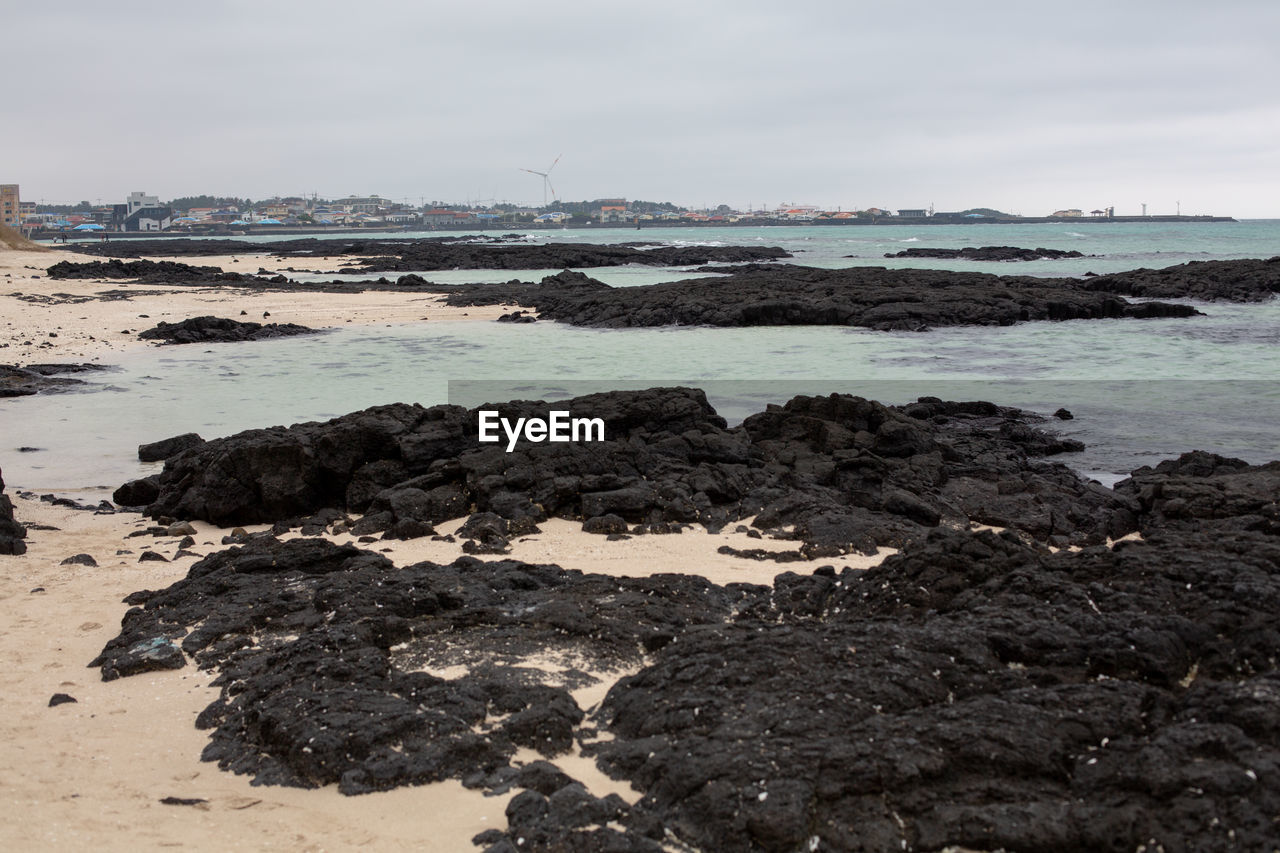 SCENIC VIEW OF ROCKS ON BEACH AGAINST SKY