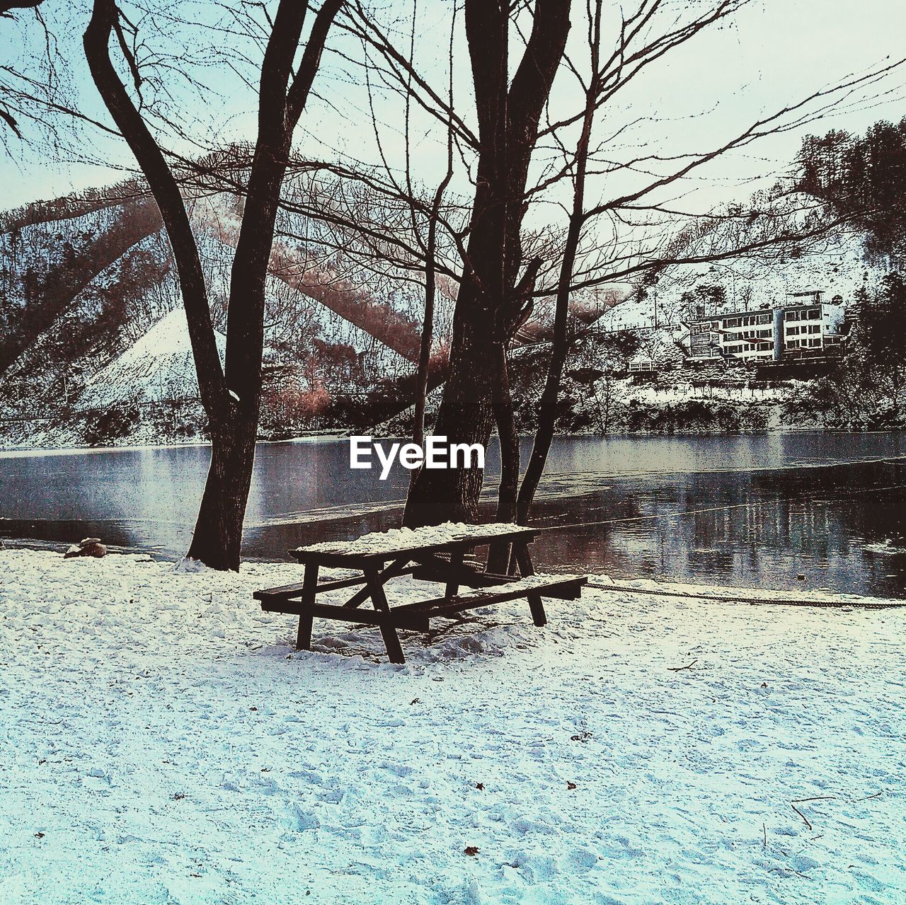 Snow covered bench on field by lake against mountains