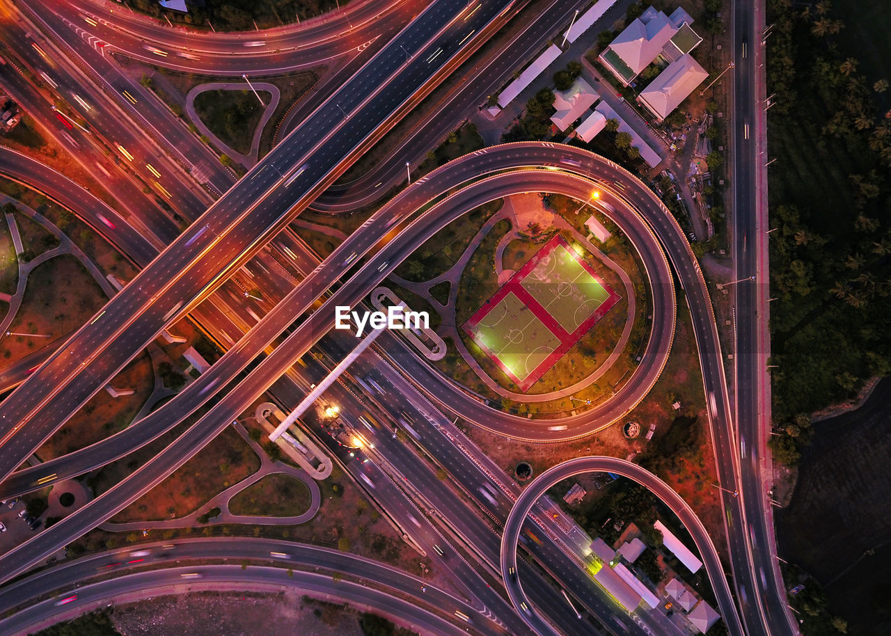 Directly above shot of intertwined highways at night