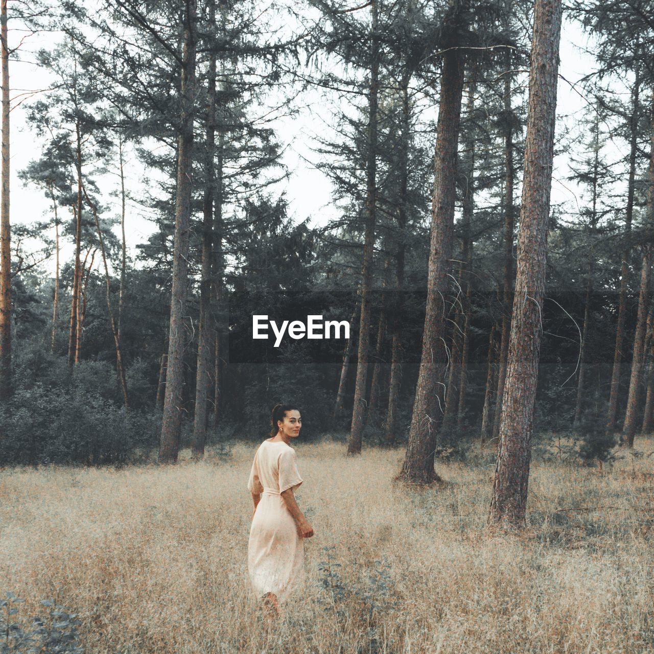 Portrait of woman standing at forest