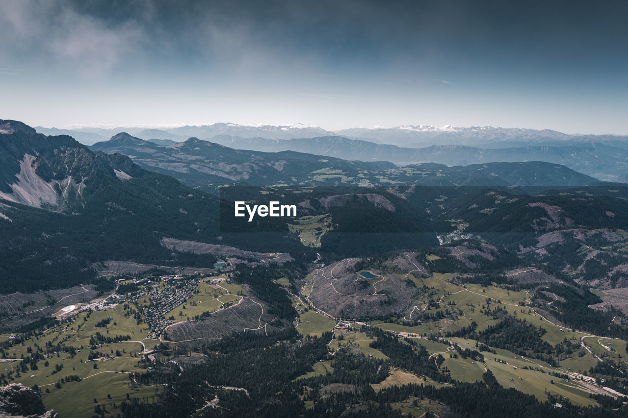 Aerial view of landscape and mountains against sky