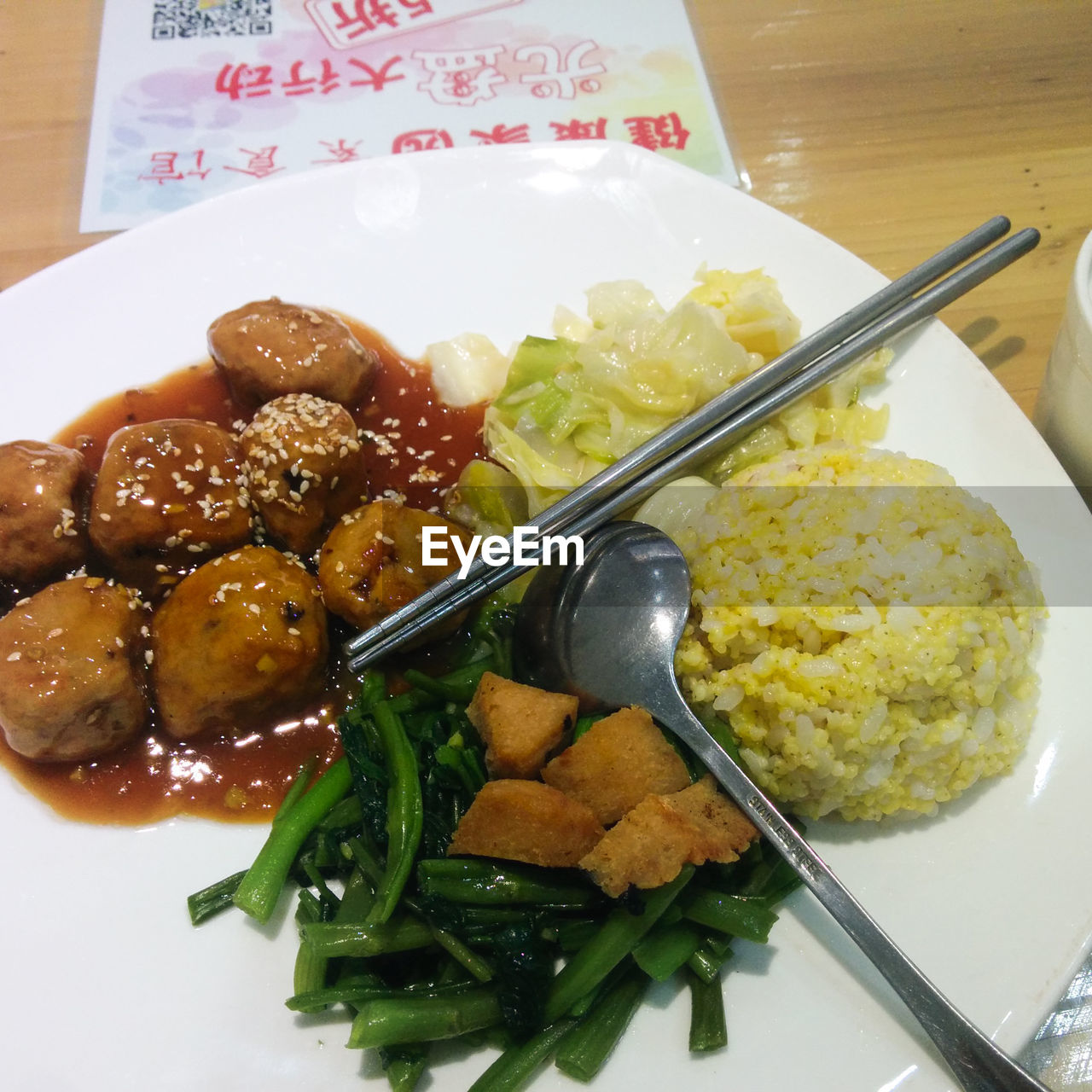 High angle view of food served in plate on table at restaurant