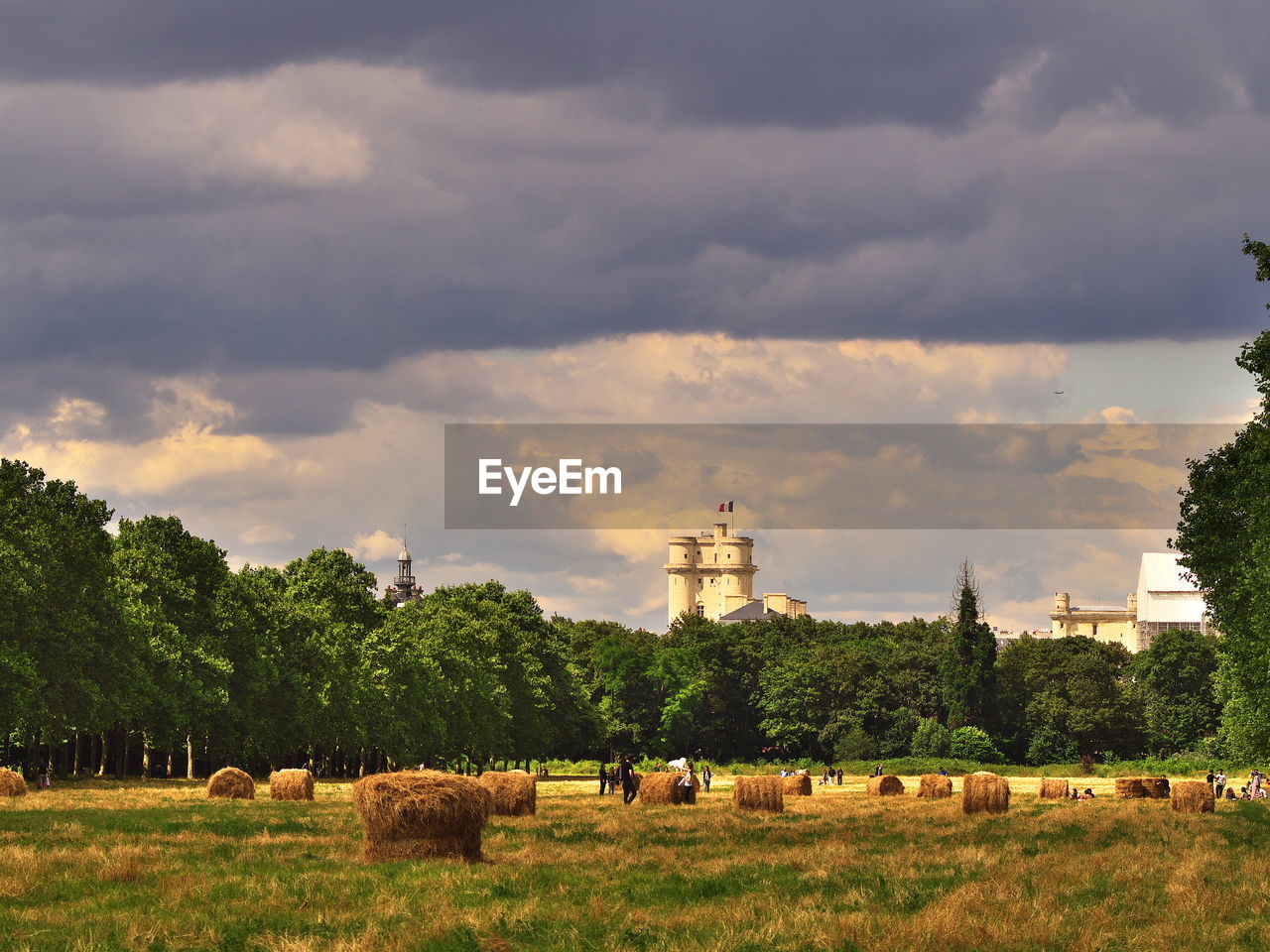 Hay bales on field against sky