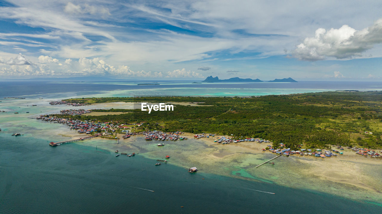 Aerial drone of island bum bum with towns and villages. semporna, sabah, malaysia.