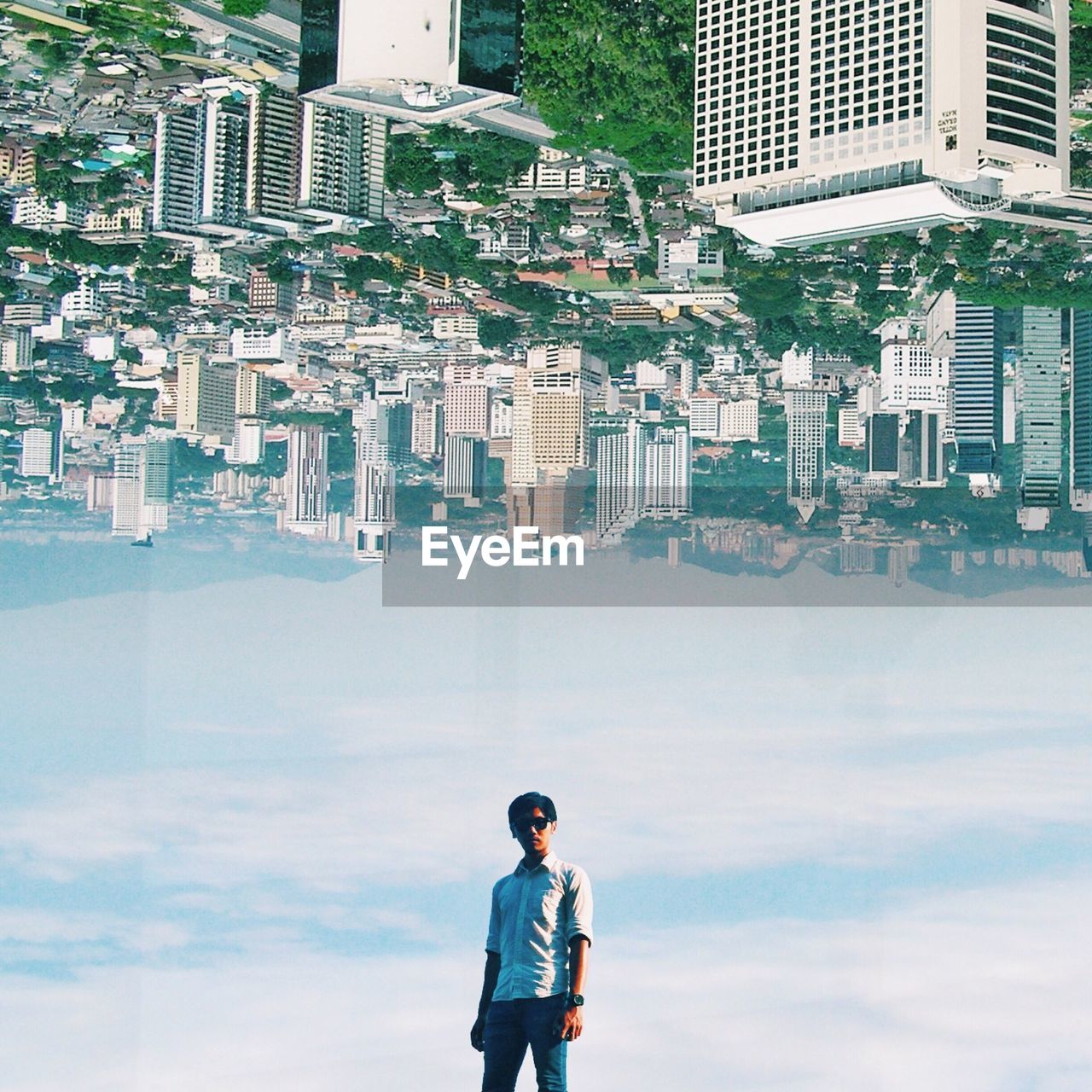 Multiple image of man standing against sky and cityscape