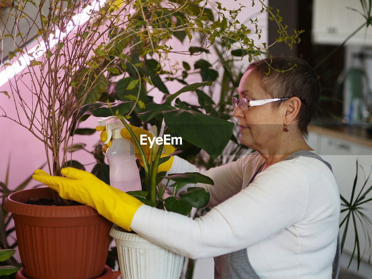 Side view of woman spraying water on plants