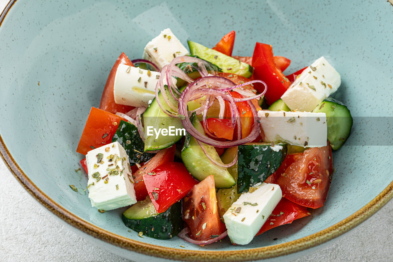 high angle view of food served in plate on table