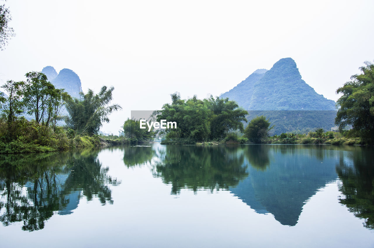 Reflection of trees in lake against clear sky