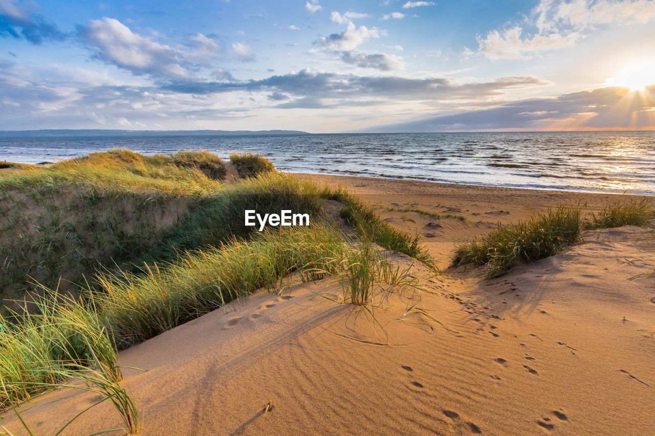 Scenic view of beach against cloudy sky