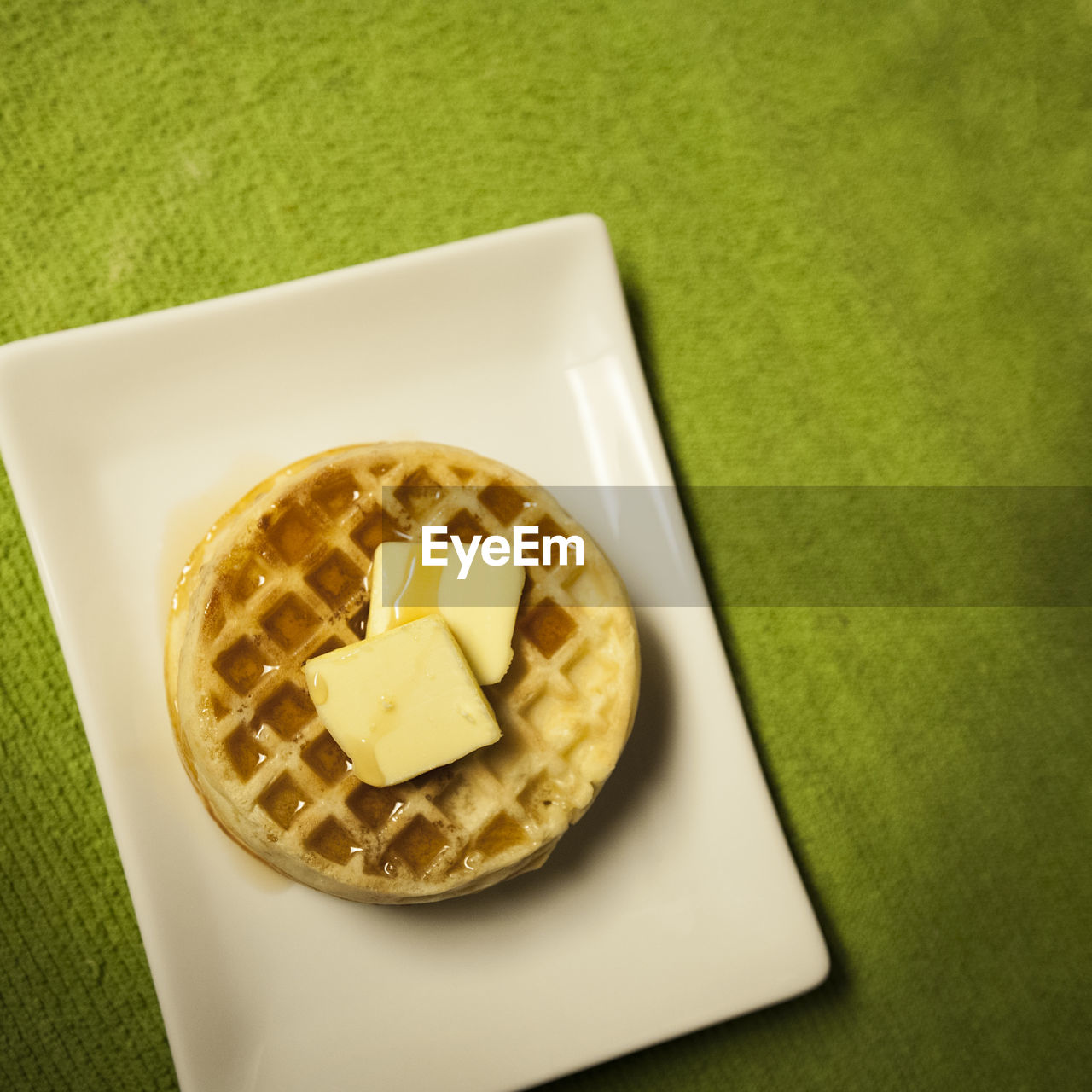 High angle view of waffle in tray on table