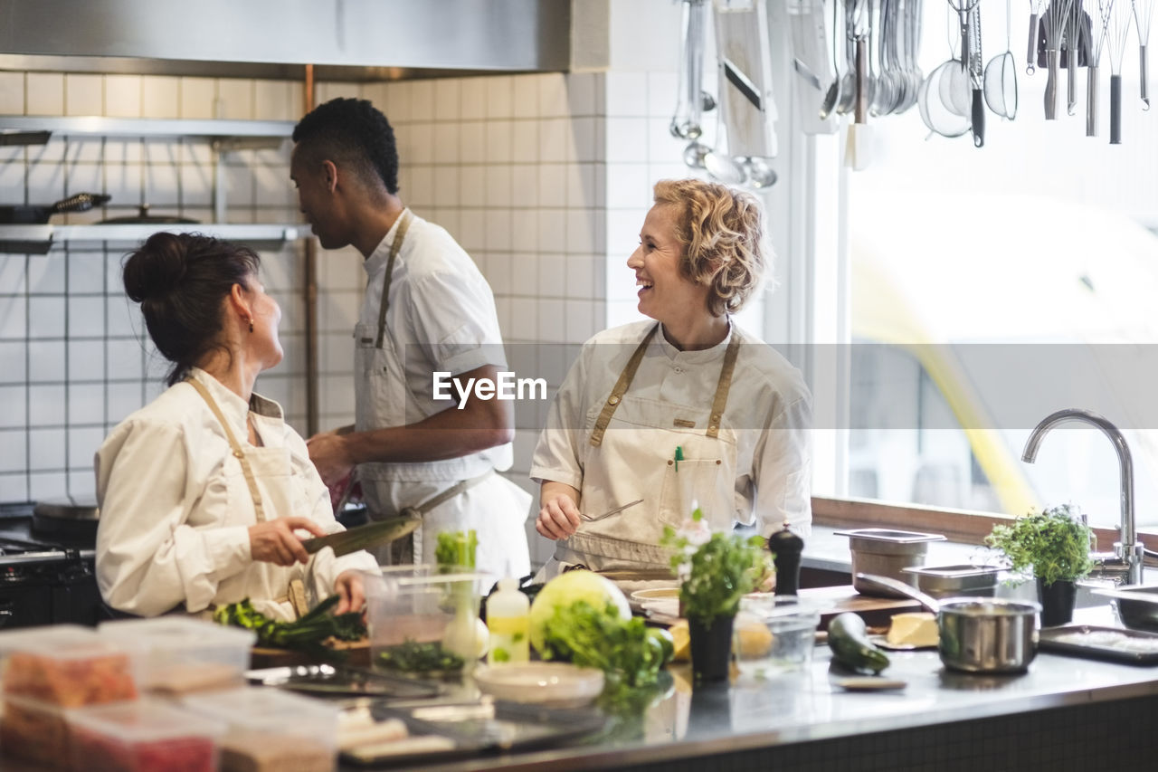 Cheerful multi-ethnic chefs working in kitchen at restaurant