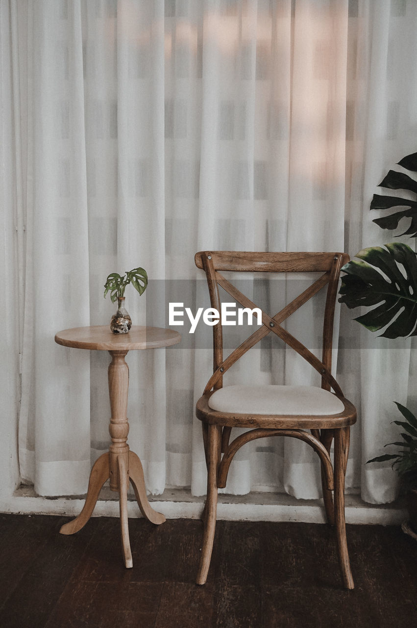 Potted plant on table against wall at home