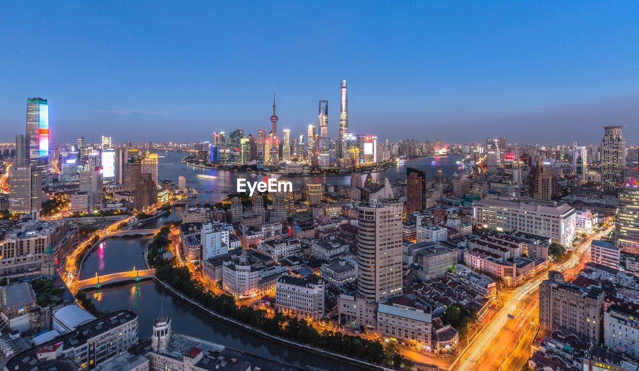 High angle view of cityscape at dusk